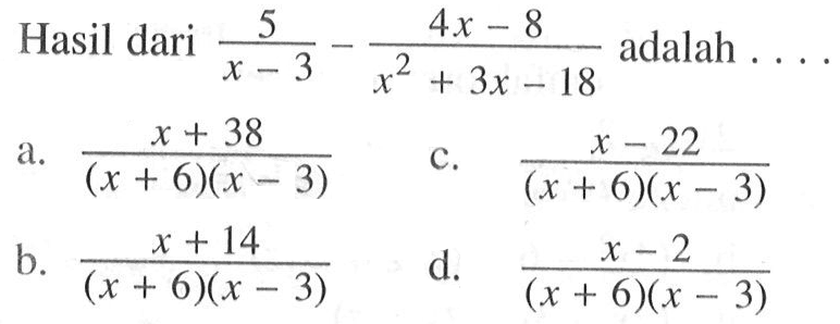 Hasil dari 5/(x -3) - (4x - 8)/(x^2 + 3x - 18) adalah . . . .