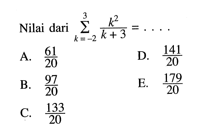 Nilai dari sigma k=-2 3 k^2/(k+3)=