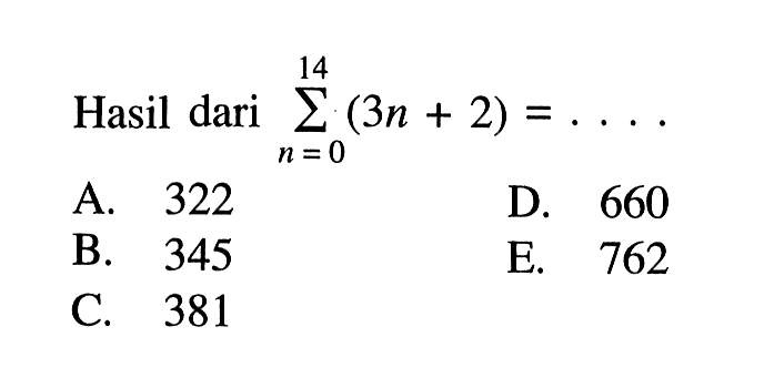 Hasil dari sigma n=0 14 (3n + 2) =
