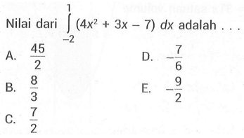 Nilai dari  integral -2 1 (4x^2+3x-7)dx  adalah ...