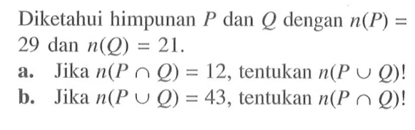 Diketahui himpunan P dan Q dengan n(P) = 29 dan n(Q) = 21. a. Jika n(P n Q) = 12, tentukan n(P U Q)! b. Jika n(P U Q) = 43, tentukan n(P n Q)!