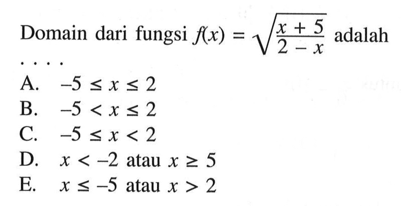 Domain dari fungsi f(x)=akar((x+5)/(2-x)) adalah ....
