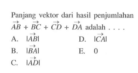 Panjang vektor dari hasil penjumlahan AB+BC+CD+DA adalah  ...