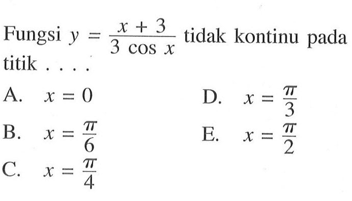 Fungsi y=(x+3)/3cos x tidak kontinu pada titik ...
