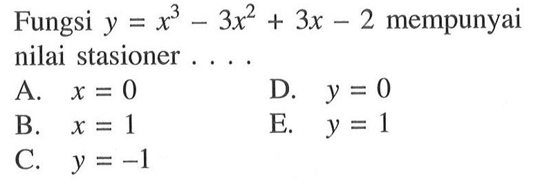 Fungsi y=x^3-3x^2+3x-2 mempunyai nilai stasioner...