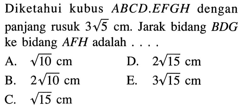 Diketahui kubus ABCD.EFGH dengan panjang rusuk 3 akar(5) cm. Jarak bidang BDG ke bidang AFH adalah ....