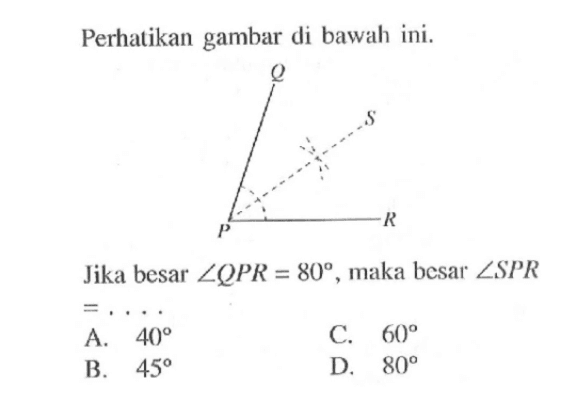 Perhatikan gambar di bawah ini. Q P S RJika besar sudut QPR=80, maka besar sudut SPR=....