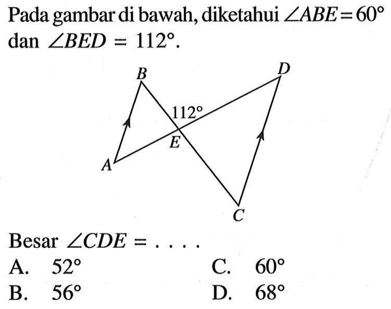 Pada gambar di bawah, diketahui sudut ABE=60 dan sudut BED=112 Besar sudut CDE=....