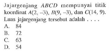 Jajargenjang ABCD mempunyai titik koordinat A(2,-3), B(9,-3), dan C(14,9). Luas jajargenjang tersebut adalah....