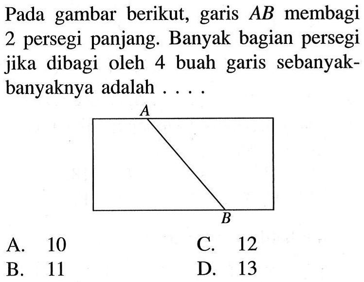Pada gambar berikut, garis AB membagi 2 persegi panjang. Banyak bagian persegi jika dibagi oleh 4 buah garis sebanyak- banyaknya adalah B A