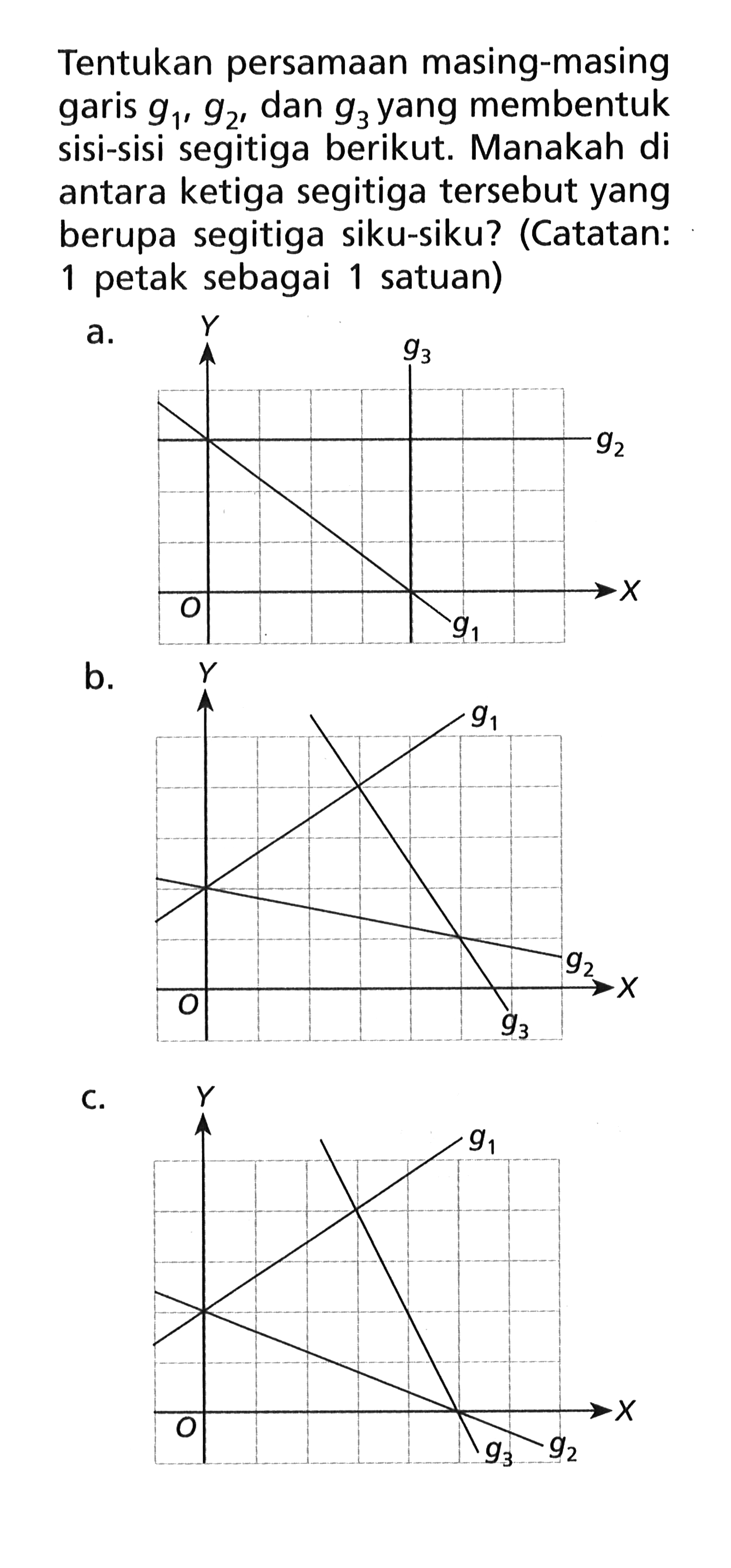Tentukan persamaan masing-masing garis g1, g2, dan g3 yang membentuk sisi-sisi segitiga berikut. Manakah di antara ketiga segitiga tersebut yang berupa segitiga siku-siku? (Catatan: 1 petak sebagai 1 satuan) 
a. Y g3 g2 X O g1 
b. Y g1 g2 O g3 X 
c. Y g1 O X g3 g2