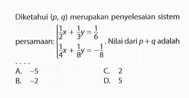 Diketahui (p, q) merupakan penyelesaian sistem persamaan: 1/2 x + 1/3 y = 1/6 1/4 x + 1/8 y = -1/8. Nilai dari p + q adalah...