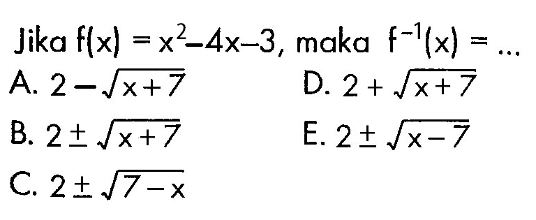Jika f(x)=x^2-4x-3, maka f^(-1)(x)=...
