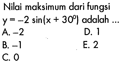 Nilai maksimum dari fungsi y=-2 sin(x+30) adalah  ...