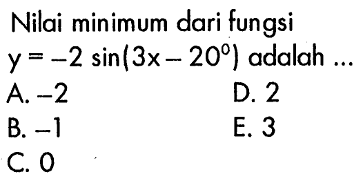 Nilai minimum dari fungsi  y=-2sin(3x-20)  adalah  ...