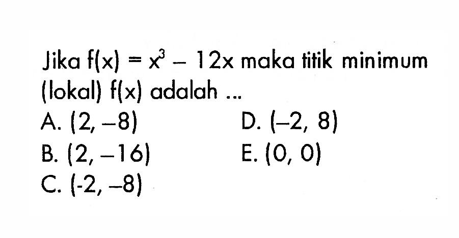 Jika f(x)=x^3-12x maka titik minimum (lokal) f(x) adalah ...