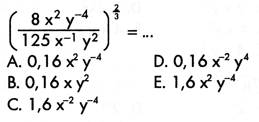 ((8x^2 y^(-4))/(125x^(-1) y^2))^(2/3) =...