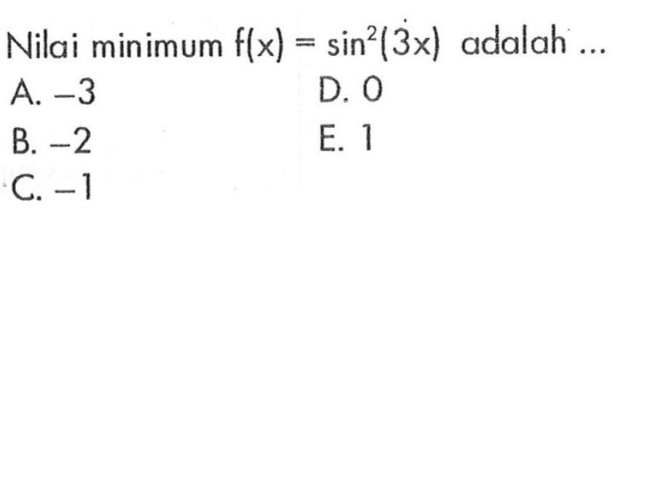Nilai minimum f(x)=sin^2(3x) adalah ... 