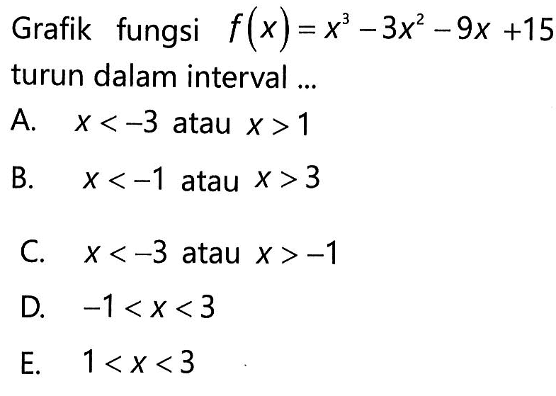 Grafik fungsi f(x)=x^3-3x^2-9x+15 turun dalam interval...