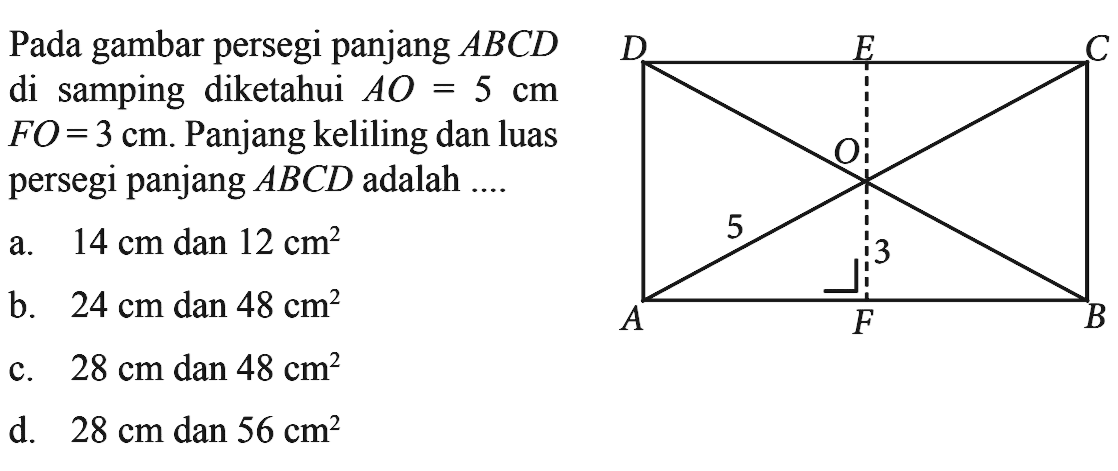 Pada gambar persegi panjang ABCD di samping diketahui AO=5 cm FO=3 cm. Panjang keliling dan luas persegi panjang ABCD adalah  ... 