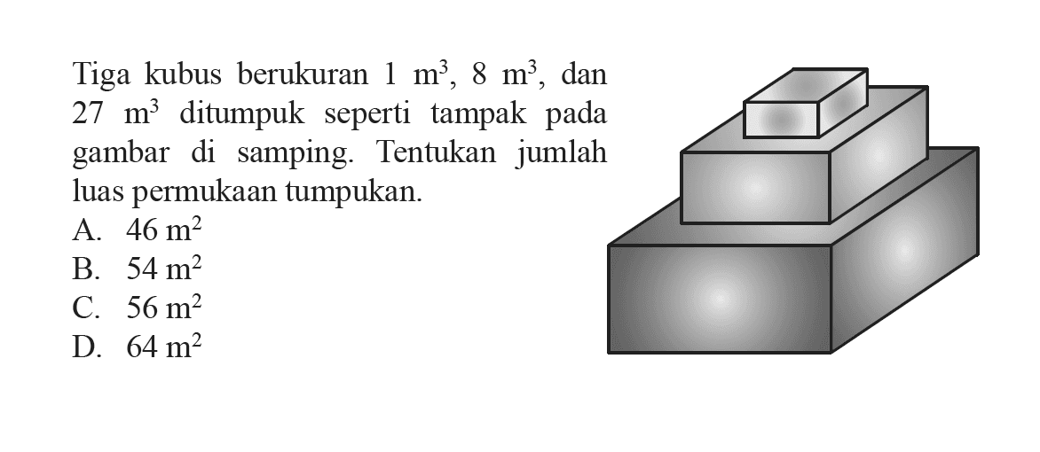 Tiga kubus berukuran  1 m^3, 8 m^3 , dan  27 m^3  ditumpuk seperti tampak pada gambar di samping. Tentukan jumlah luas permukaan tumpukan.