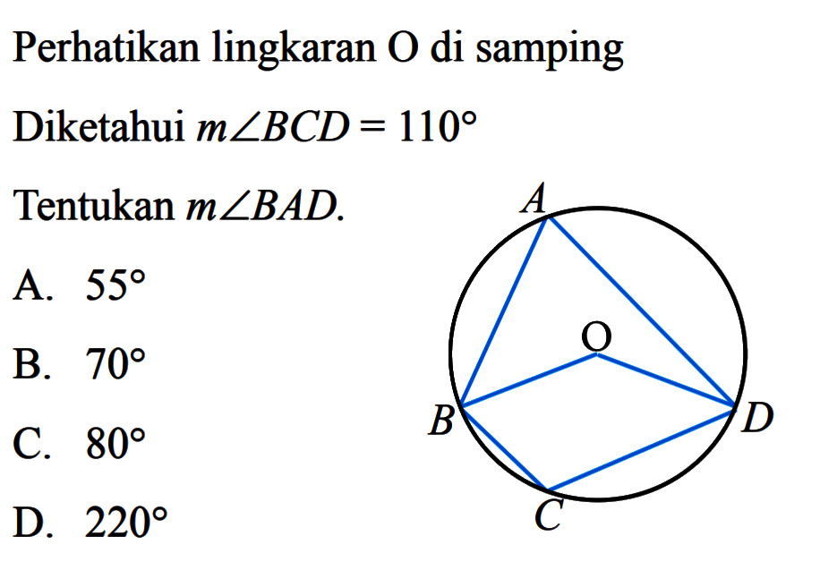 Perikan lingkaran O di samping Diketahui  m sudut BCD=110 Tentukan m sudut BAD.