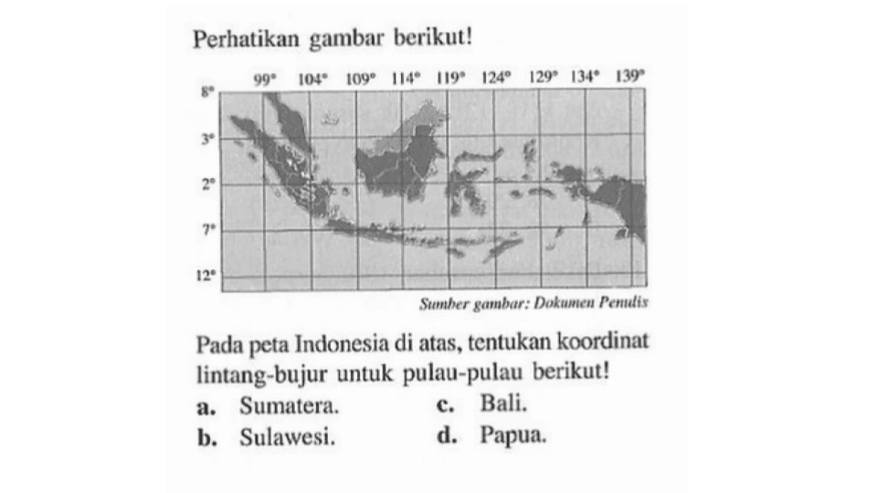Perhatikan gambar berikut! Pada peta Indonesia di atas, tentukan koordinat lintang-bujur untuk pulau-pulau berikut! a. Sumatera. c. Bali. b. Sulawesi. d. Papua:
