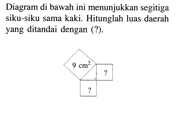 Diagram di bawah ini menunjukkan segitiga siku-siku sama kaki. Hitunglah luas daerah yang ditandai dengan (?). 9 cm^2 