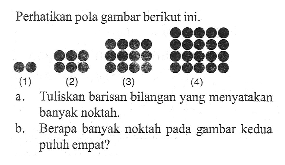 Perhatikan pola gambar berikut ini. (1) (2) (3) a. Tuliskan barisan bilangan yang menyatakan banyak noktah. b. Berapa banyak noktah pada gambar kedua puluh empat?