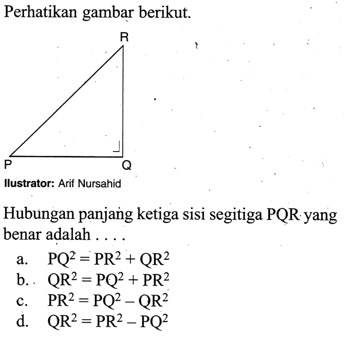 Perhatikan gambar berikut.Ilustrator: Arif NursahidHubungan panjang ketiga sisi segitiga PQR yang benar adalah ....