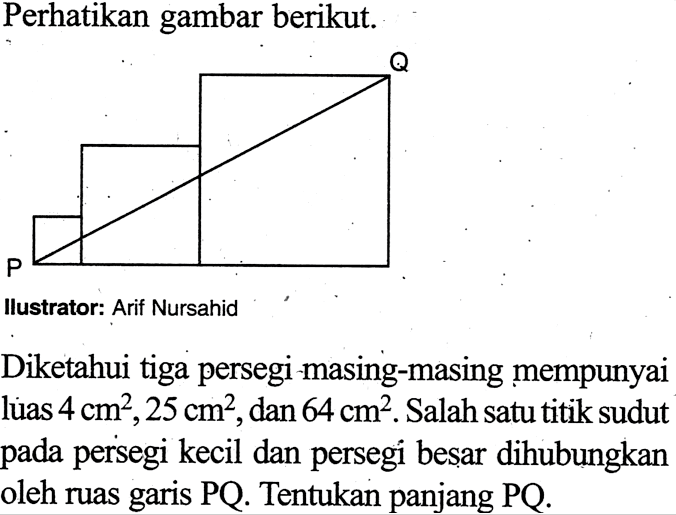 Perhatikan gambar berikut.Ilustrator: Arif NursahidDiketahui tiga persegi masing-masing mempunyai lüas 4 cm^2, 25 cm^2, dan 64 cm^2. Salah satu titik sudut pada persegi kecil dan persegi besar dihubungkan oleh ruas garis PQ. Tentukan panjang PQ.