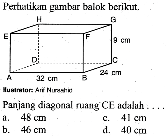 Perhatikan gambar balok berikut.Ilustrator: Arif NursahidPanjang diagonal ruang  CE  adalah ....
