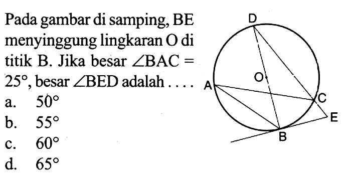 Pada gambar di samping, BE menyinggung lingkaran O di titik B. Jika besar sudut BAC= 25 , besar sudut BED adalah ...