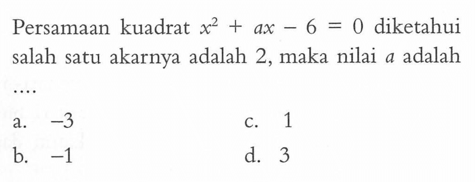 Persamaan kuadrat x^2 + ax - 6 = 0 diketahui salah satu akarnya adalah 2, maka nilai a adalah ....