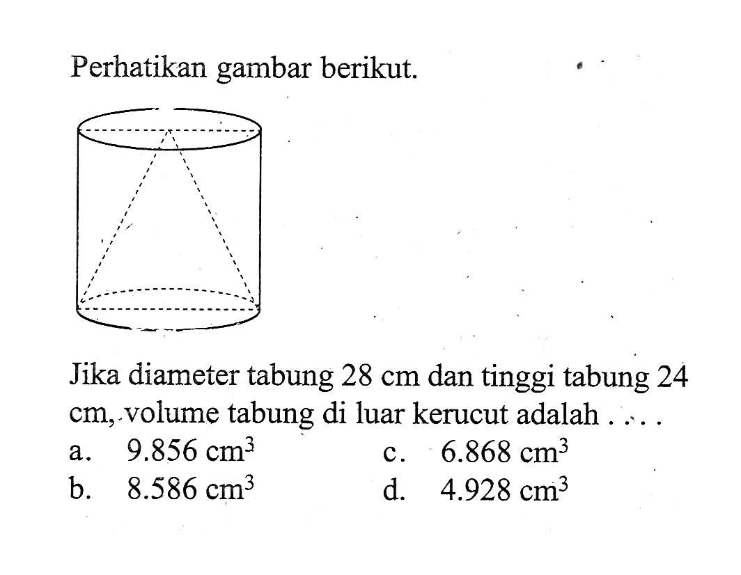 Perhatikan gambar berikut.Jika diameter tabung 28 cm dan tinggi tabung 24 cm, volume tabung di luar kerucut adalah.... 