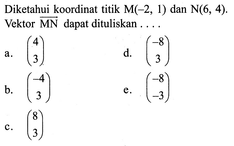 Diketahui koordinat titik M(-2,1) dan N(6,4). Vektor MN dapat dituliskan  .... 