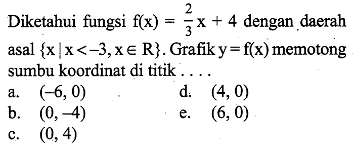 Diketahui fungsi f(x)=2/3x+4 dengan daerah asal {x|x<-3,x e R}. Grafik y=f(x) memotong sumbu koordinat di titik ....