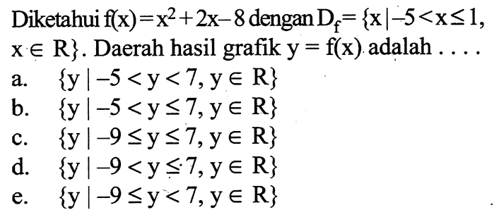 Diketahui f(x)=x^2+2x-8 dengan Df={x|-5<x<=1}xeR. Daerah hasil grafik y=f(x) adalah .... 