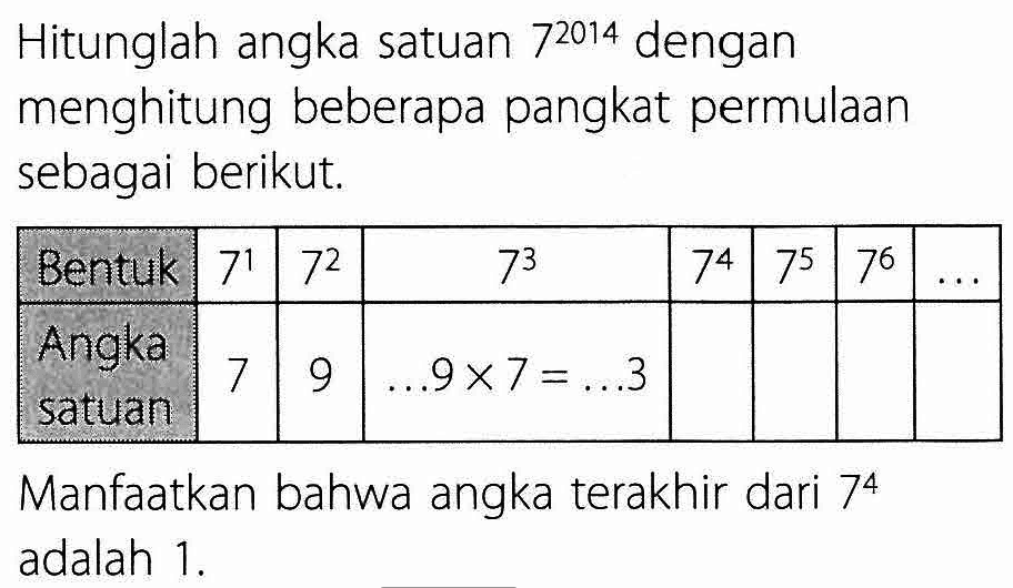 Hitunglah angka satuan 7^2014 dengan menghitung beberapa pangkat permulaan sebagai berikut. Bentuk 7^1 7^2 7^3 7^4 7^5 7^6 ... Angka satuan 7 9 ...9 x 7= ..3 Manfaatkan bahwa angka terakhir dari 7^4 adalah 1.