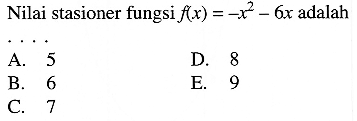 Nilai stasioner fungsi  f(x)=-x^2-6x  adalah