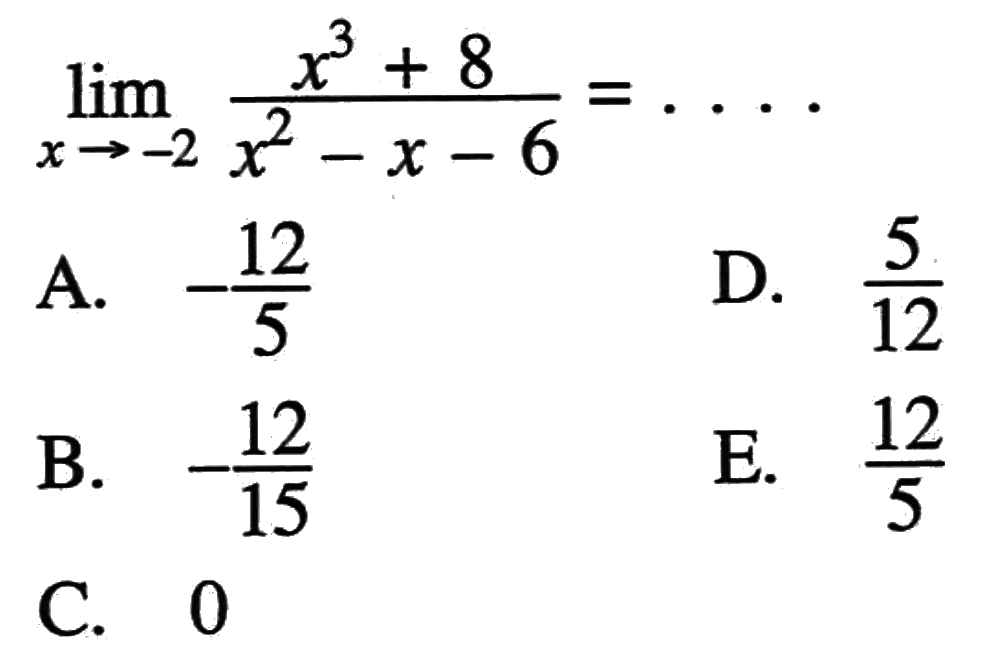 limit  x->-2 (x^3+8)/(x^2-x-6)=...