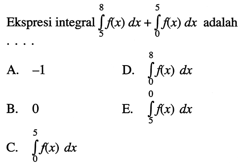 Ekspresi integral 5 8 f(x) dx+integral 0 5 f(x) dx adalah