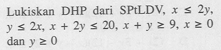 Lukiskan DHP dari SPtLDV, x<=2y, y<=2x, x+2y<=20, x+y>=9, x>=0 dan y>=0