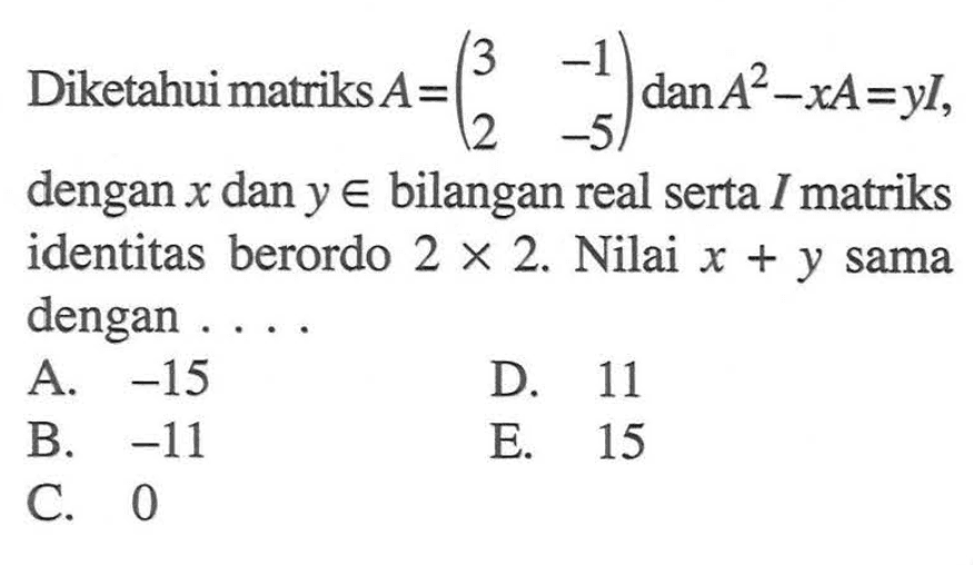 Diketahui matriks A=(3 -1 2 -5) dan A^2-xA=yI, dengan x dan y e bilangan real serta I matriks identitas berordo 2x2. Nilai x+y sama dengan ....