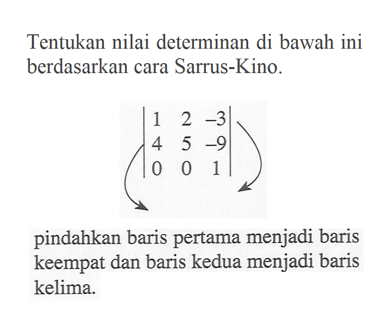 Tentukan nilai determinan di bawah ini berdasarkan cara Sarrus-Kino.|1 2 3 4 5 -9 0 0 1|pindahkan baris pertama menjadi baris keempat dan baris kedua menjadi baris kelima.
