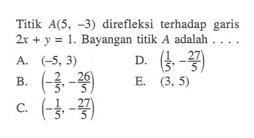 Titik A(5, -3) direfleksi terhadap garis 2x+y=1. Bayangan titik A adalah . . . .