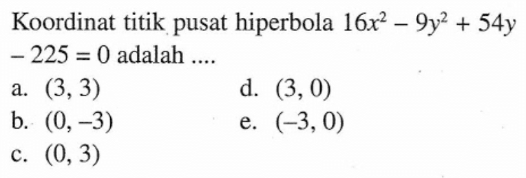Koordinat titik pusat hiperbola 16x^2-9y^2+54y-225=0 adalah...