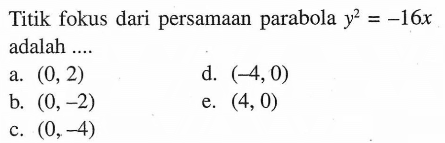 Titik fokus dari persamaan parabola y^2=-16x adalah ....