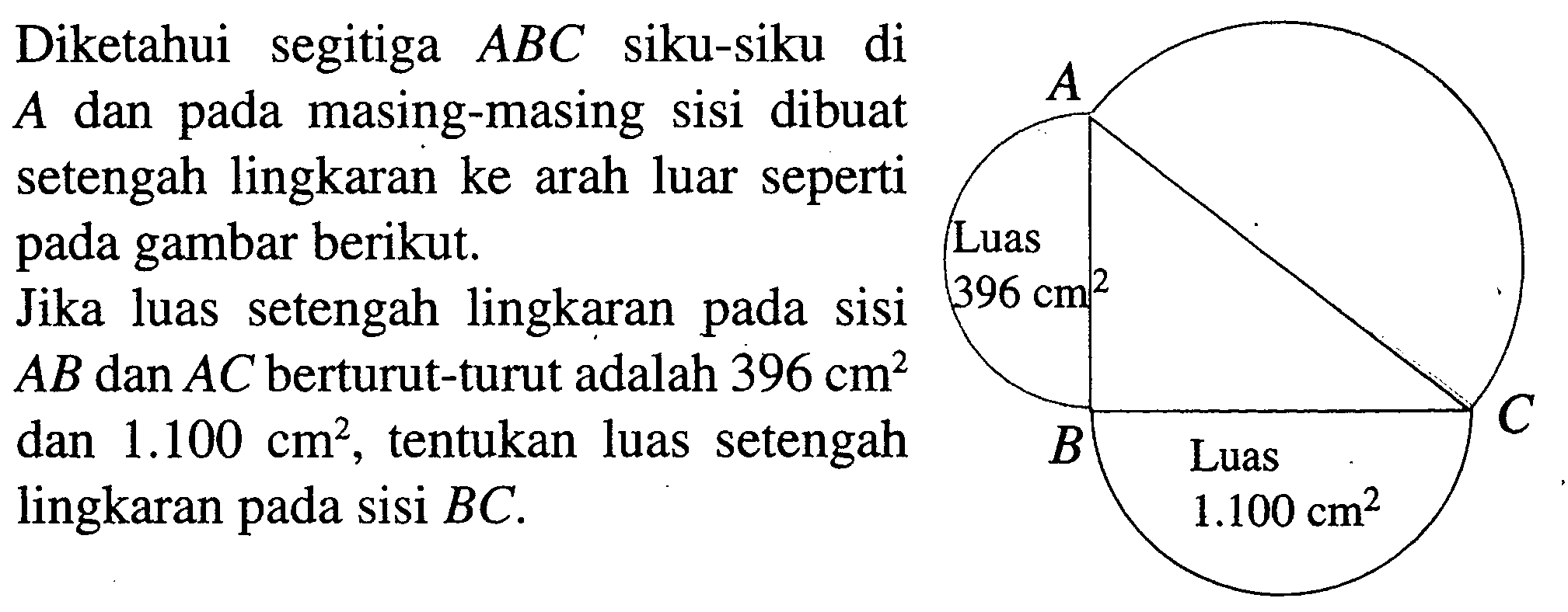 Diketahui segitiga  ABC siku-siku di A dan pada masing-masing sisi dibuat setengah lingkaran ke arah luar seperti pada gambar berikut. Luas=396 cm^2, Luas=1100 cm^2 