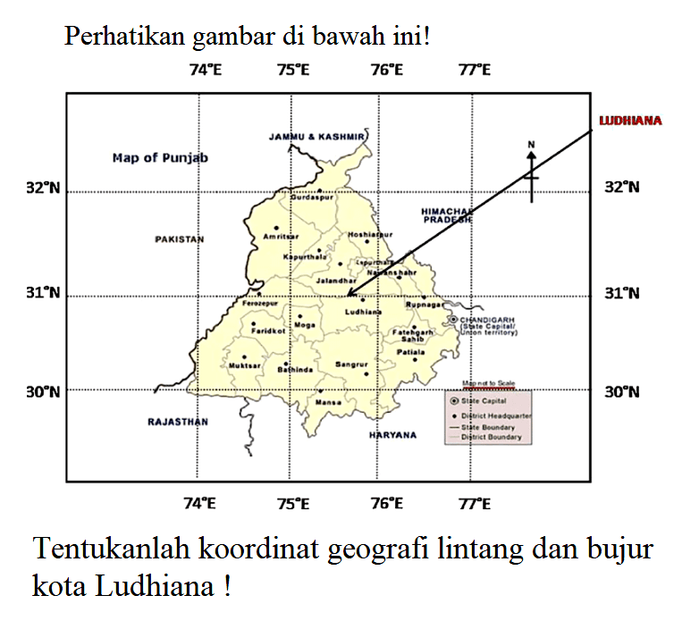 Perhatikan gambar di bawah ini! Tentukanlah koordinat geografi lintang dan bujur kota Ludhiana !